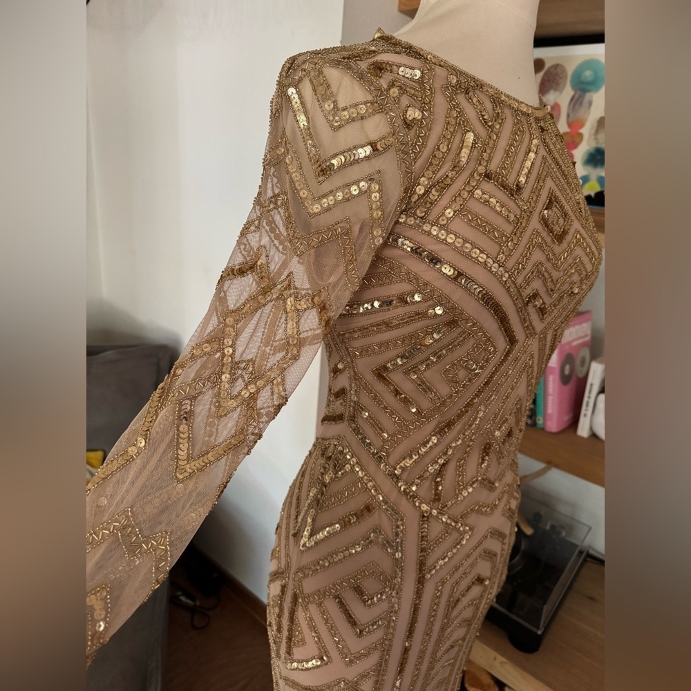 Gianni Bini Champagne Gold Geometric Long Sleeve Sequin and Beaded Dress - Picture 2 of 11